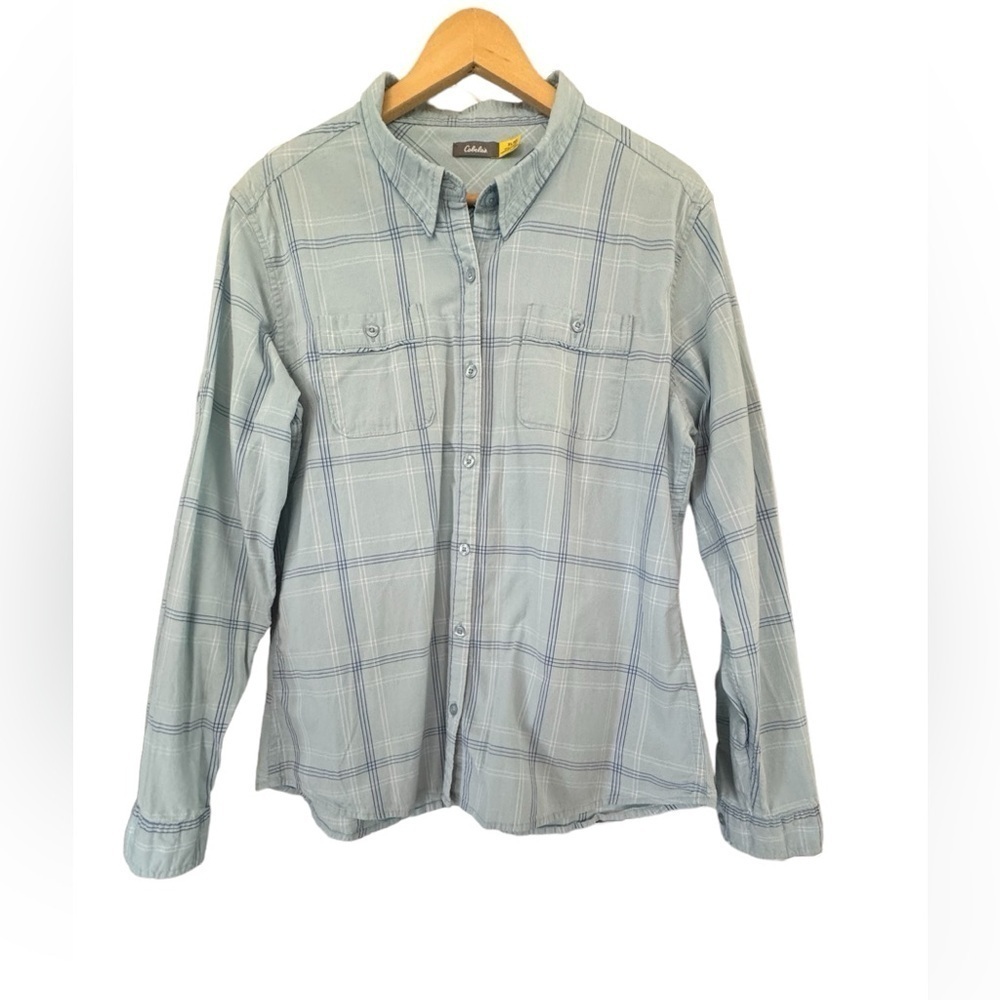 Cabela’s Women’s long sleeve button down blue plaid shirt Size XL